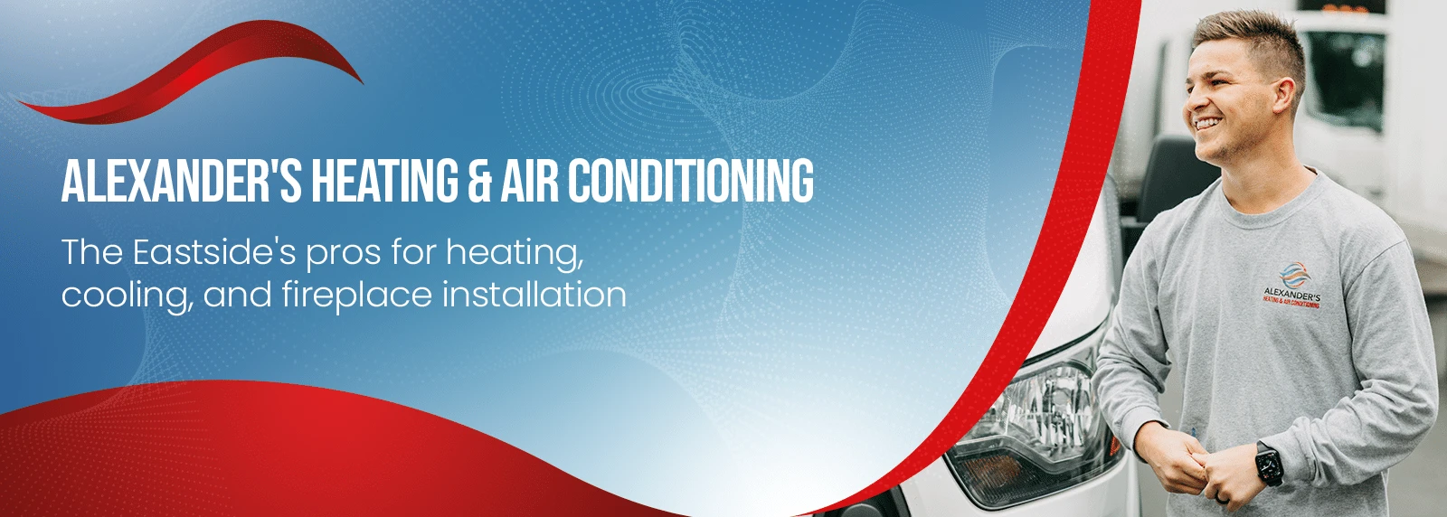 HVAC Professional smiling outside their van in a gray Alexander’s Heating & Air shirt